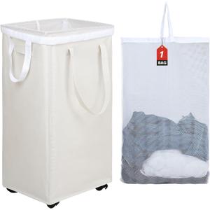 DOKEHOM 90L X-Large Laundry Basket with Removable Wash Bag on Wheels, Collapsible Rolling Laundry Hamper, Foldable Clothes Organizer, Folding Washing Bin (Beige)