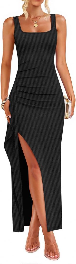 ZESICA Women's Sleeveless Formal Maxi Dresses 2025 Summer Ribbed Square Neck High Split Party Bodycon Long Dress (Large, Black)