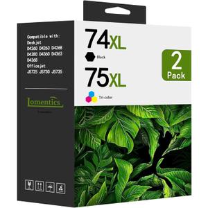 74XL 75XL HighYield Ink Cartridges (2Pack, Black/TriColor) Replacement for HP 74 75 Ink Cartridge Work for DeskJet D4260 OfficeJet J5725 J5790 J6405 J6488 Photosmart C4280 C4300 C4400 C4500 Printer