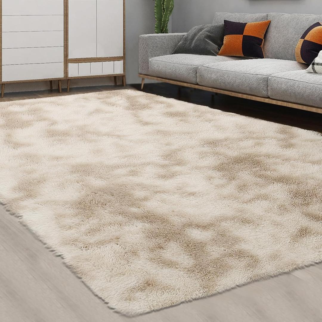 CAROMIO 9x12 Fluffy Area Rugs for Living Room Modern Plush and Thick Faux Fur Shag Rug Non-Slip Tie Dye Carpet for Bedroom, Fuzzy Shaggy Rugs for Kids Nursery Dorm, Beige Taupe (9 x 12 Feet)