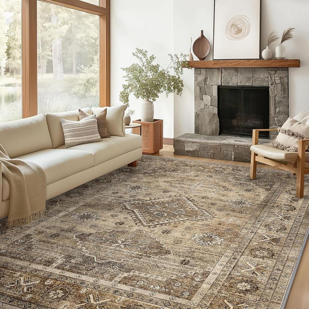 Area Rugs 8x10 for Living Room Bedroom, Machine Washable Area Rug for Living Room, Print Vintage Tribal Aesthetic Carpet, Low Pile Mat with Non Slip Rubber Backing, Distressed Umber