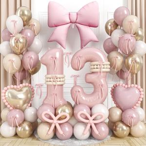 40 Inch Dusty Pink 13 Number Balloon for Girls 13th Birthday Decorations Blush Light Pink Gold Beige Latex Balloons Bow Heart Foil Balloon for Boho 13 Year Old Birthday Anniversary Party Decorations