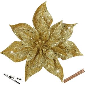 Briful 9'' Christmas Poinsettia Flowers 8PCS Gold Glitter Artificial Flowers Large Christmas Ornament Flowers for Xmas Tree Wreath Garland Decoration