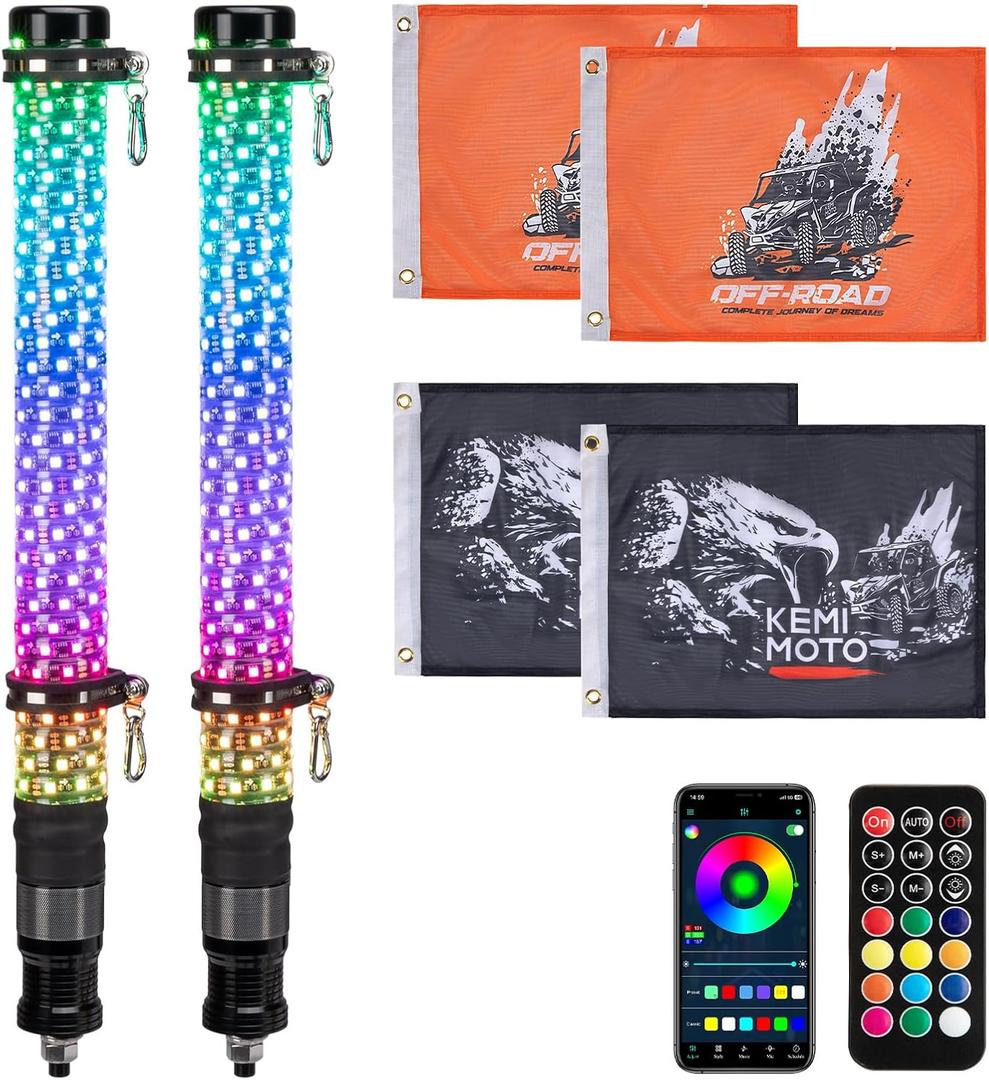 KEMIMOTO 2pc 2ft Fat Whip Lights for Side by Side, Turning Signal Function Compatible with Polaris RZR Can-Am Maverick X3, LED Whip Lights for UTV ATV Buggy Boat Offroad