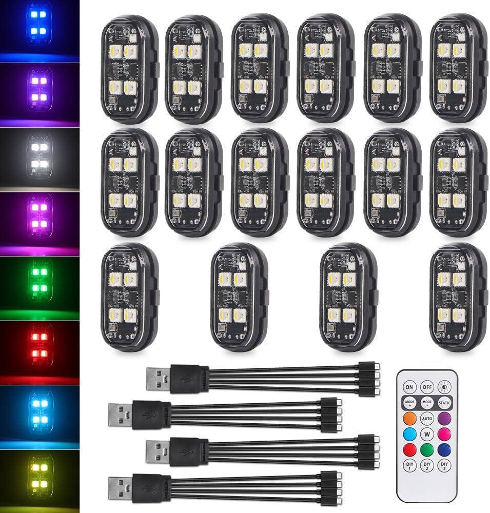 Wireless LED Strobe Lights with Remote Control, 2025 New Upgrade 4LED 8 Colors Waterproof Anti-Collision Led Warning Light USB Charing LED Lights for Car Drone Truck Motorcycle Aircraft Bike - 16PCS