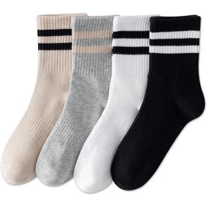 YUWELL Womens Striped Crew Socks, Cotton Cozy Casual Socks for Women 4 Pairs, Size 5-10 (4pairs-white Beige Black Gray)