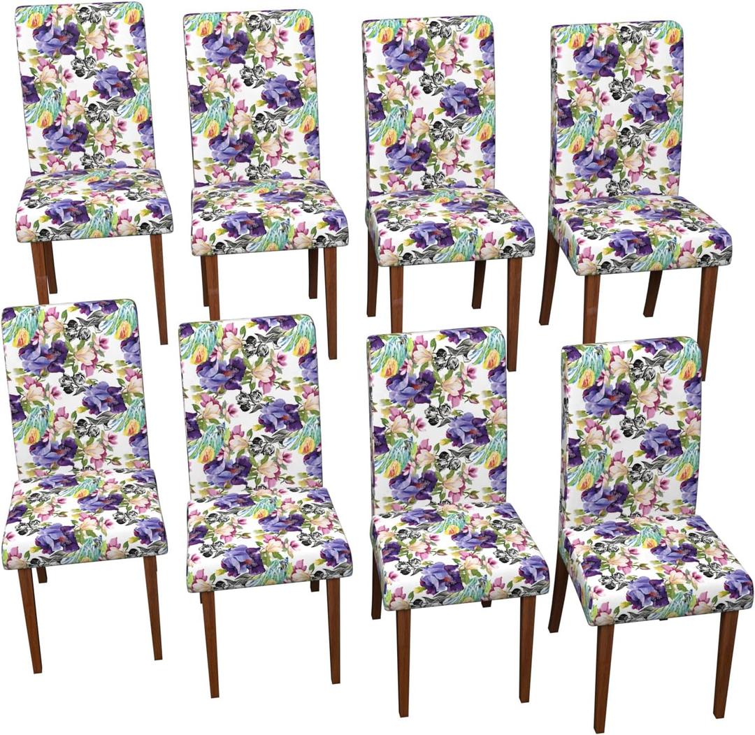 Stretch Dining Chair Covers Set of 8,Floral Print Chair Covers,Soft Removable Washable,Pet Friendly Furniture Protector,Universal Chair Slipcovers for Home, Kitchen,Ceremony Dining Room Seat (Purple Iris Patterns)