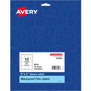 Avery Durable Waterproof Oil-Resistant Film Labels with Sure Feed Technology, 2" x 2" Square, Laser/Pigment-Inkjet, 120 Labels (64503)