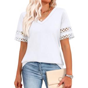 XIEERDUO Womens Summer Tops Dressy Casual Blouses for Women V Neck Short Sleeve Shirts Fashion Clothes Curved Hem Flowy (White, L)