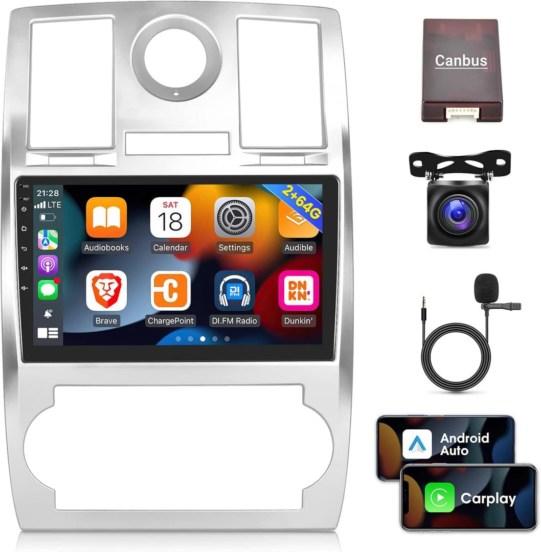 [2G+64G] Car Radio for Chrysler 300 2005 2006 2007 2008 2009 2010, Android 13 Touch Screen Stereo, Carplay/Android Auto/1080P/Hi-Fi Audio/Bluetooth + AHD Backup Camera + MIC