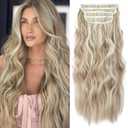 Clip in Natural Hair Extensions Long Wavy 4PCS Thick Hairpieces Dark Ash Blonde Mixed Bleach Blonde Double Weft Synthetic 20 Inch for Women (4pcs, 20Inch, 16H613#)