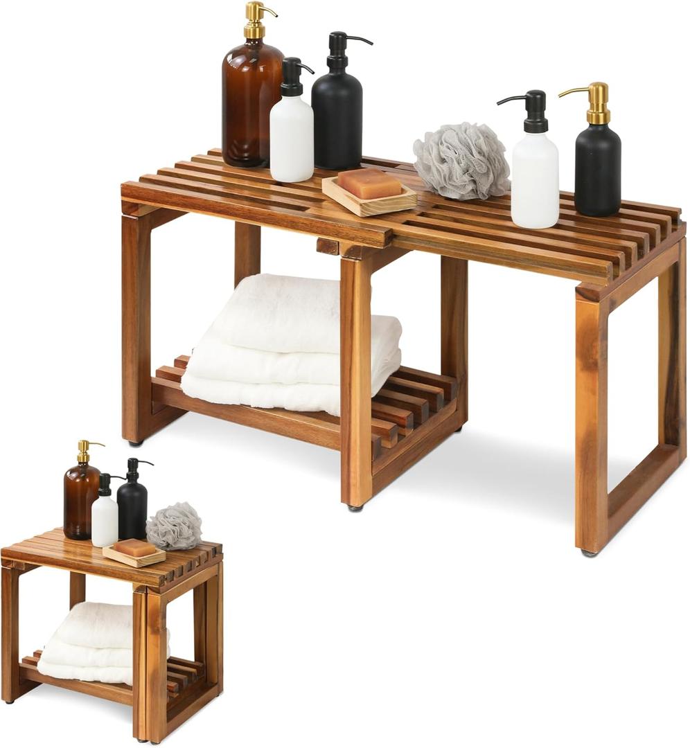Adjustable Length 29 Inches Shower Stool Bench Chair Waterproof with Storage Shelf for Shaving Legs, Spa, Bath Seat in Bathroom, Inside Shower for Adults Seniors Elderly (Small 29 in)