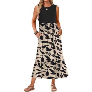 AUSELILY Womens Summer Dresses 2025 Sleeveless Maxi Dress Crewneck Casual Flowy Tiered Sundresses with Pockets (XX-Large, Apricot Black Leaf)