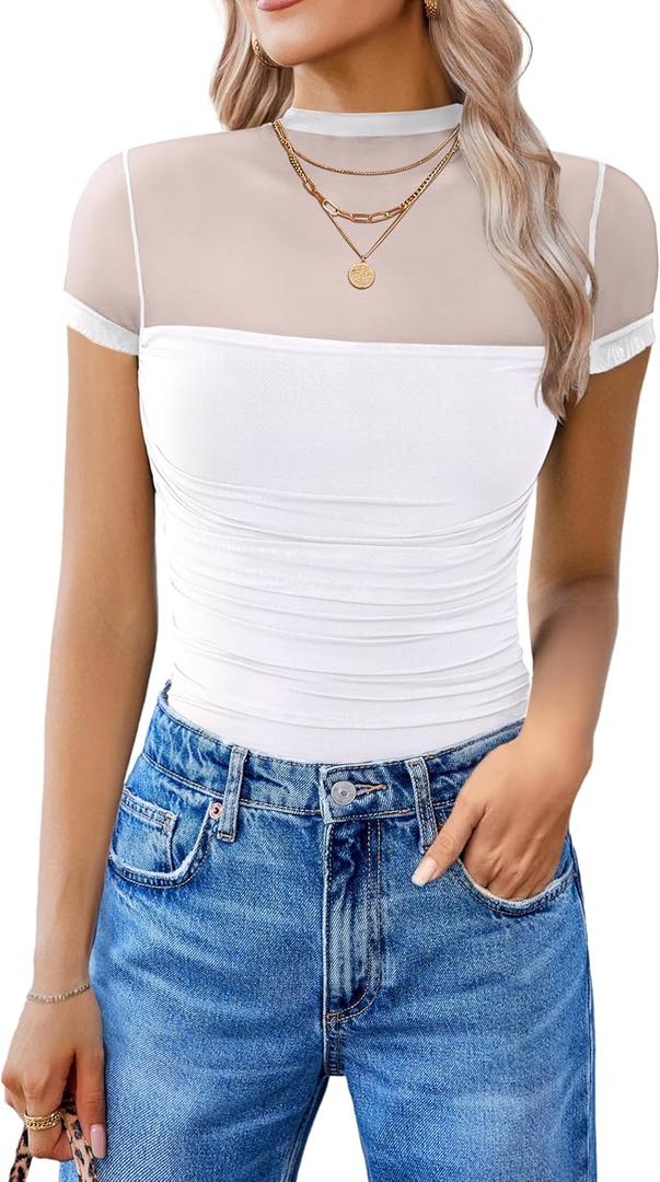 Avidlove Women's Short Sleeve Bodysuit Turtle Neck Body Suits Mesh One Piece Leotard Going Out Tops Date Outfits (White, Small)