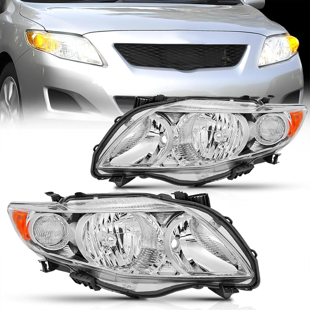 Nilight Headlight Assembly Compatible with 2009 2010 Toyota Corolla XLE/LE/Base Replacement Headlamp Chrome Housing Amber Reflector Driver and Passenger Side(Not fit S or XRS Trim)