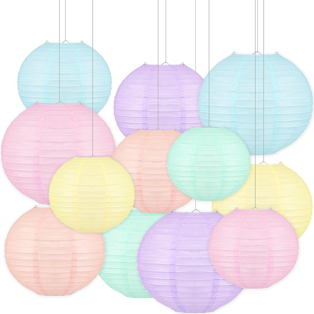 12 PCS Colorful Hanging Paper Lanterns Pastel 10 In Macaron-colored Neon Chinese Paper Lanterns Party Decorations for Classroom Baby Shower Wedding Birthday Valentine's Day (Macaron)