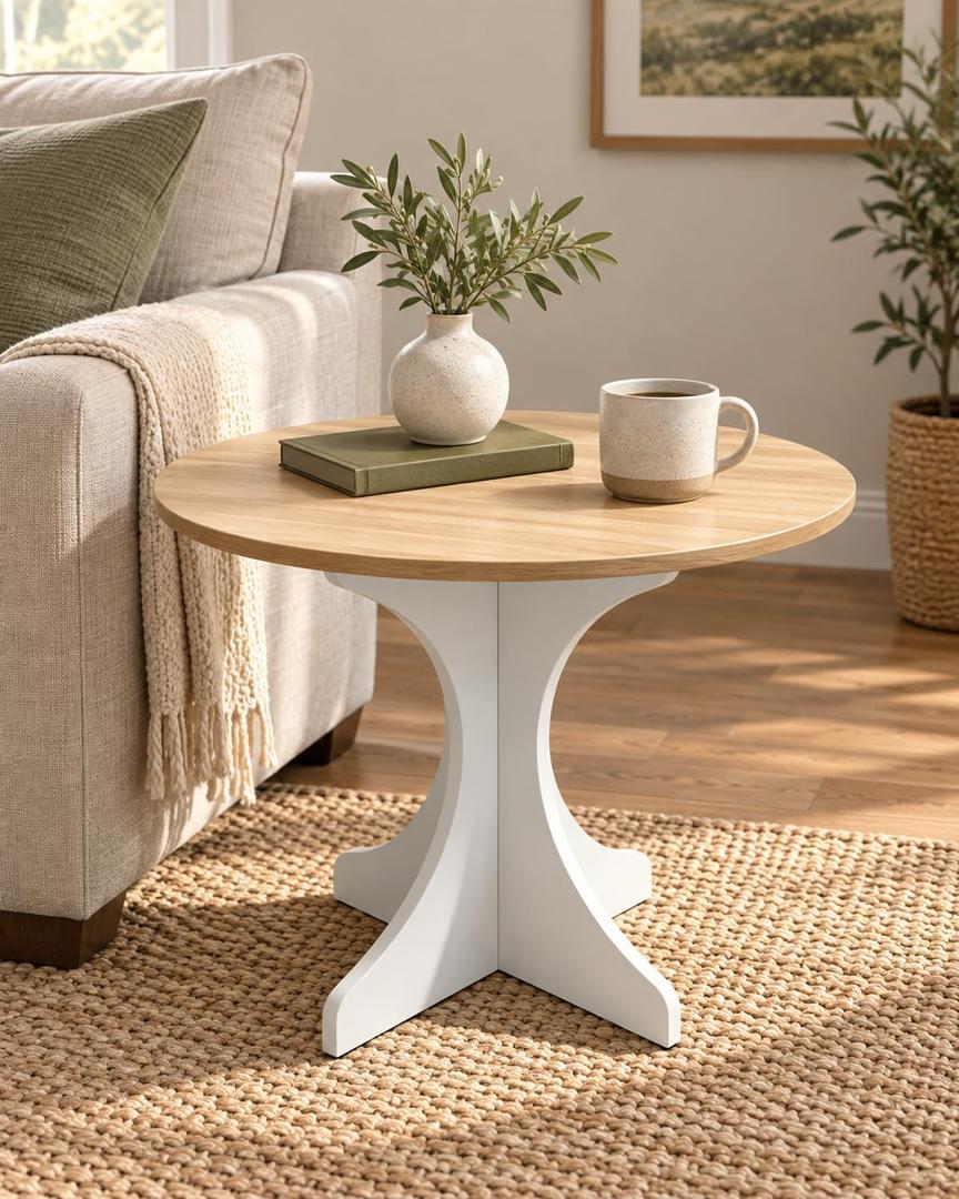 Modern Round Side Table 24in Accent End Table Coffee Table with Walnut Wood Grain Tabletop & White Curved Base for Living Room Bedroom Sofa Corner, Pedestal Nightstand for Indoor/Outdoor