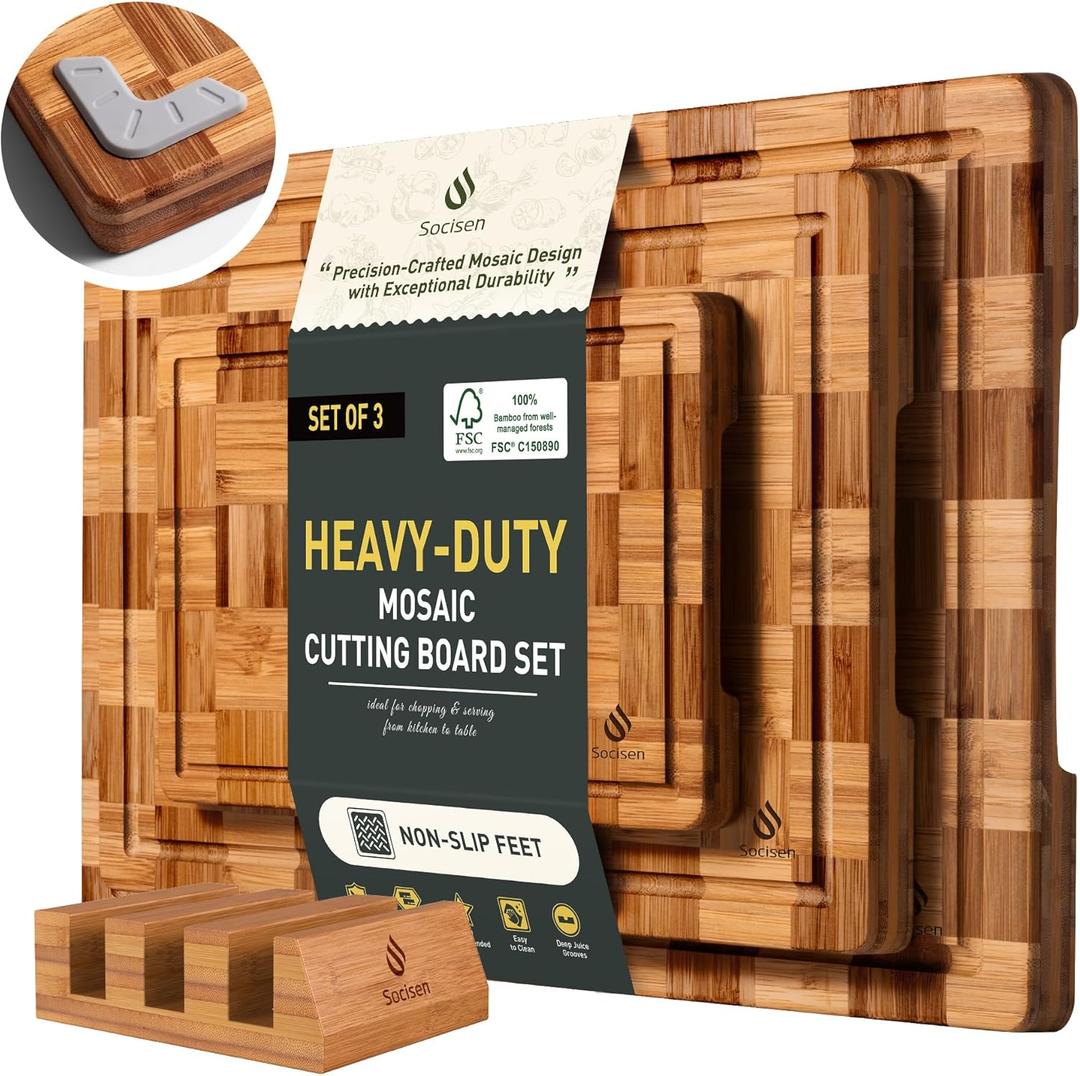 3 Pack Heavy Duty Bamboo Cutting Board Set Non Slip Over Sink Nice Solid End Grain Thick Wood Juice Groove Chopping Board Extra Large Big Small Best Kitchen Essential House Warming Hostess Host Gift