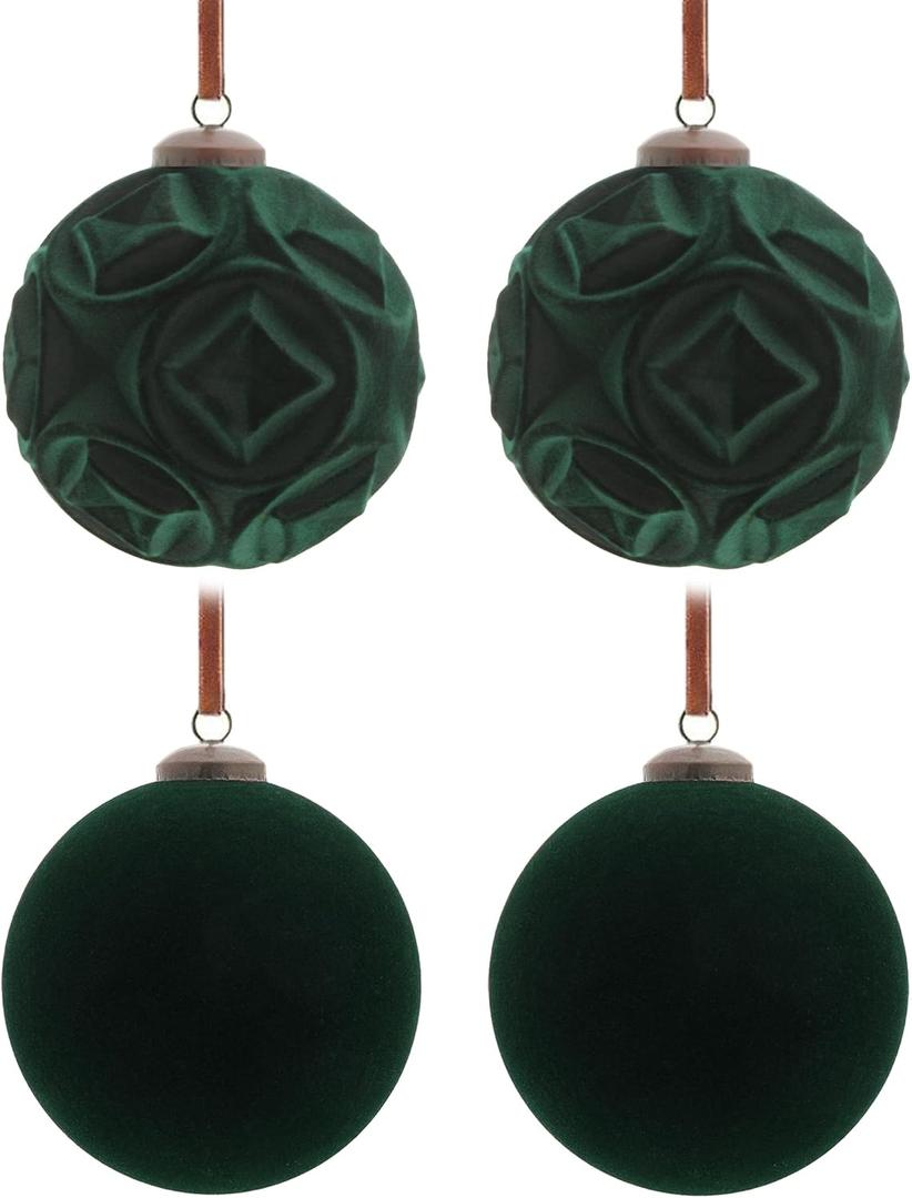4Pcs Big Velvet Christmas Ball Ornaments 4" Dark Green Flocked Ornaments Set for Christmas Tree with 10Pcs Velvet Bows, Shatterproof Xmas Hanging Decorations for Home Office and Holiday Dcor