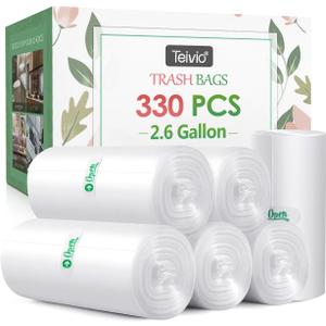 2.6 Gallon 330 Counts Strong Trash Bags Garbage Bags by Teivio, Bathroom Trash Can Bin Liners, Small Plastic Bags for home office kitchen (Clear)