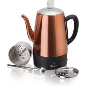 Euro Cuisine PER08 Stainless Steel Electric Coffee Percolator, 8 Cup, Polished Copper Finish, Dripless Gooseneck Spout, Clear Glass Knob, Brewing Indication, Keep-Warm Function, Detachable Cord