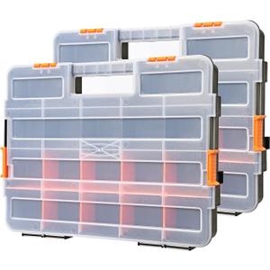 EMENTOL 2PCS Toolbox Organizer Sets, 20 Removable Dividers, Durable Plastic Box, Excellent for Screws, Nuts, Small Parts, 34-Compartment, Black/Orange, 2 Pieces Set