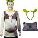 ATAMET Monster costume Halloween long sleeved T-shirt Front Back Print Three piece set with vest headband for Men and Women (3X-Large, Green)