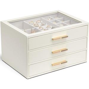 Vlando Jewelry Box for Women, Glass Lid Jewelry Organizer with 3 Drawers for Necklaces Rings Earrings Bracelets Mother Day Gift for Mom - Cloud White