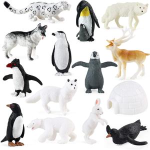 RCOMG Arctic Animals Figures, 14pcs Mini Polar Animal Figurines, Plastic Arctic Animal Toys Set with Arctic Fox Wolf Reindeer Penguins Toys