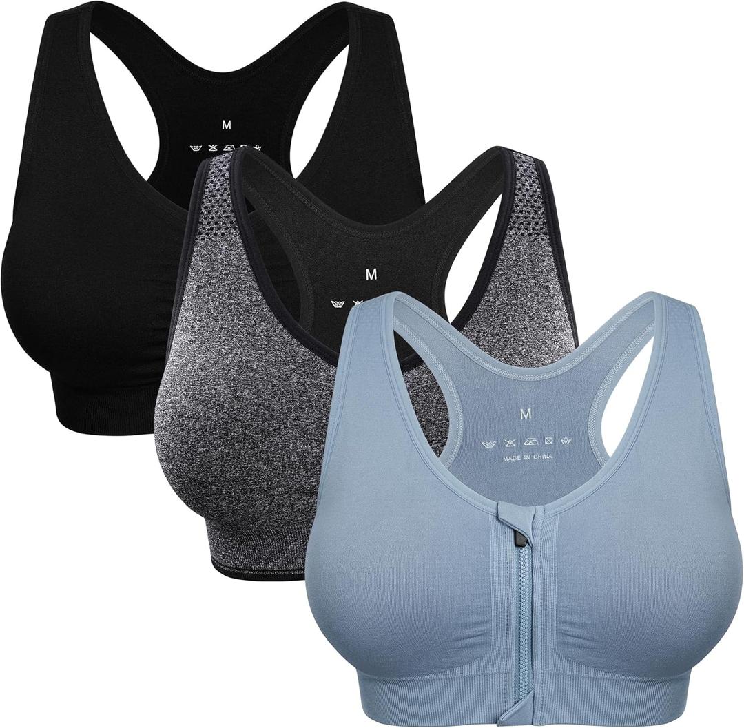 Women's Zip Front Sports Bra Wireless Post-Surgery Bra Active Yoga Sports Bras, Size L