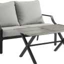 Crosley Furniture Otto 2-Piece Chevron Outdoor Coffee Table and Loveseat Patio Furniture Set for Porch, Deck, Matte Black with Gray Cushions