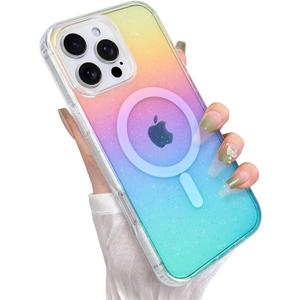 Glitter Case for iPhone 16 Pro Case for Women Girls [ Compatible with Magsafe ] Clear Cute Girly Aesthetic Iridescent Rainbow Sparkly Bling Magnetic Phone Cover, Gradient Blue & Pink