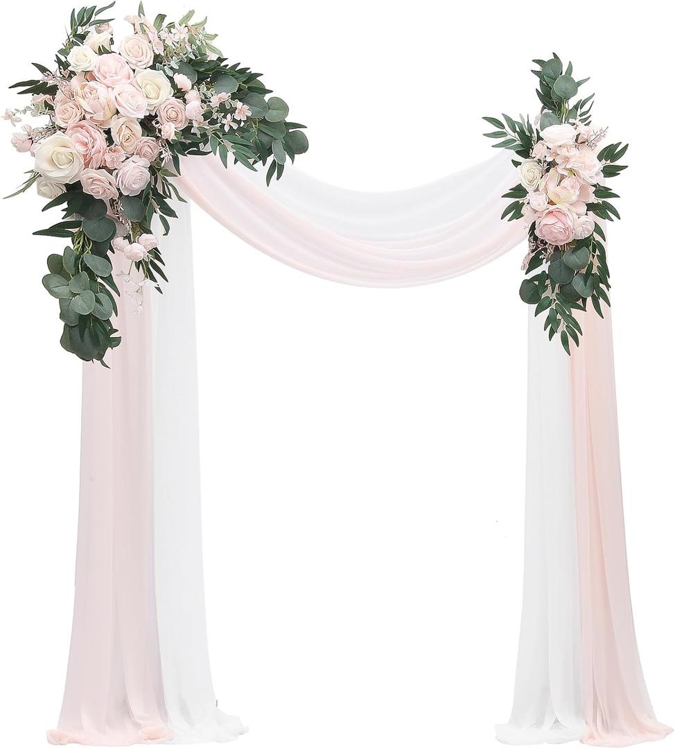Floroom Arch Flowers with Drapes Kit (Pack of 4) - 2pcs Artificial Blush Pink Floral Swag Arrangement with 2pcs Draping Fabric for Wedding Ceremony Arbor and Reception Backdrop Decoration