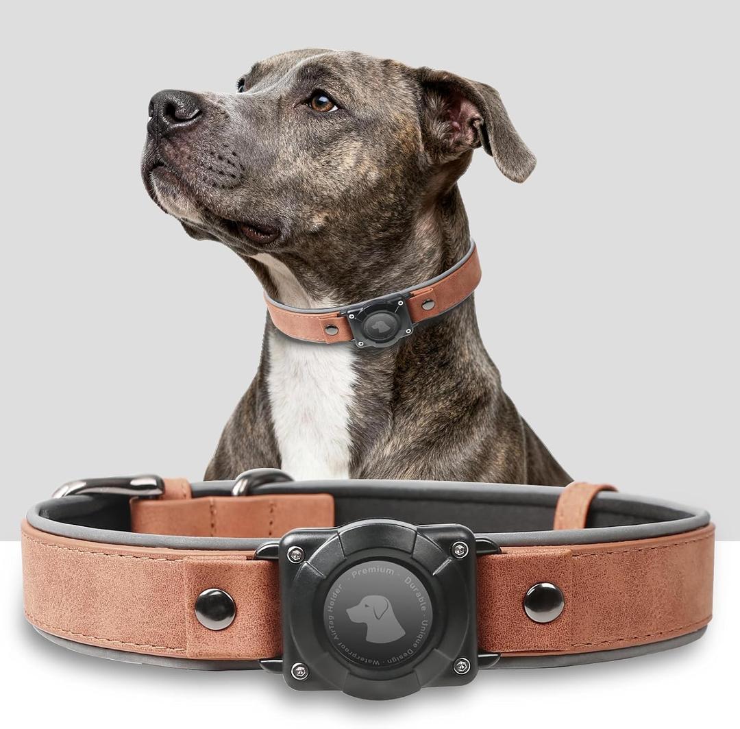 Premium Leather AirTag Dog Collar, 100% Waterproof & Reflective Dog Collar with AirTag Holder Compatible with Apple Air Tag | Durable, Comfortable Padded GPS Dog CollarsMahogany Brown-XL