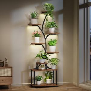 LotFun Plant Stand Indoor with Grow Lights, 8-Tiered Large Metal Plant Shelf with Wheels and Feet Pad, 61" Tall Plant Stand for Plants Multiple, S-Shaped Display Rack Flower Holder for Living Room
