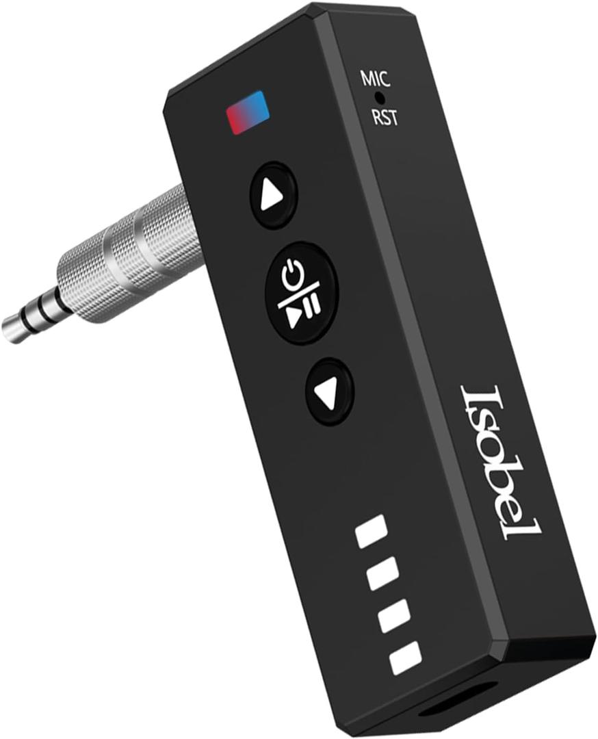 Isobel Bluetooth 5.4 Transmitter Receiver, 3 in 1 Portable Wireless Bluetooth Audio Adapter to Any 3.5mm AUX Jack for TV PC Car Airplanes Boats Home Stereo Gym with Micphone, TF Card Fast Playback MP3 (Grey)