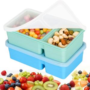 Reusable Silicone Snack Containers with Clear Lids, 2-Pack Double Compartment Food Storage Boxes, Leakproof Bento Snack Box for Sauce, Fruit & Condiments  Ideal for Travel, Work & Picnic (blue and green)