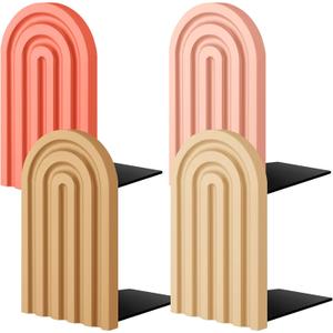 Harloon 4 Pcs Boho Arch Wooden Bookends, Decorative Rainbow Book Stoppers with NonSlip Metal Base, 5x3x4 Inches, Cute Shelf Decor for Heavy Books, Home Office Study Desk Organizer (Pastel Color)