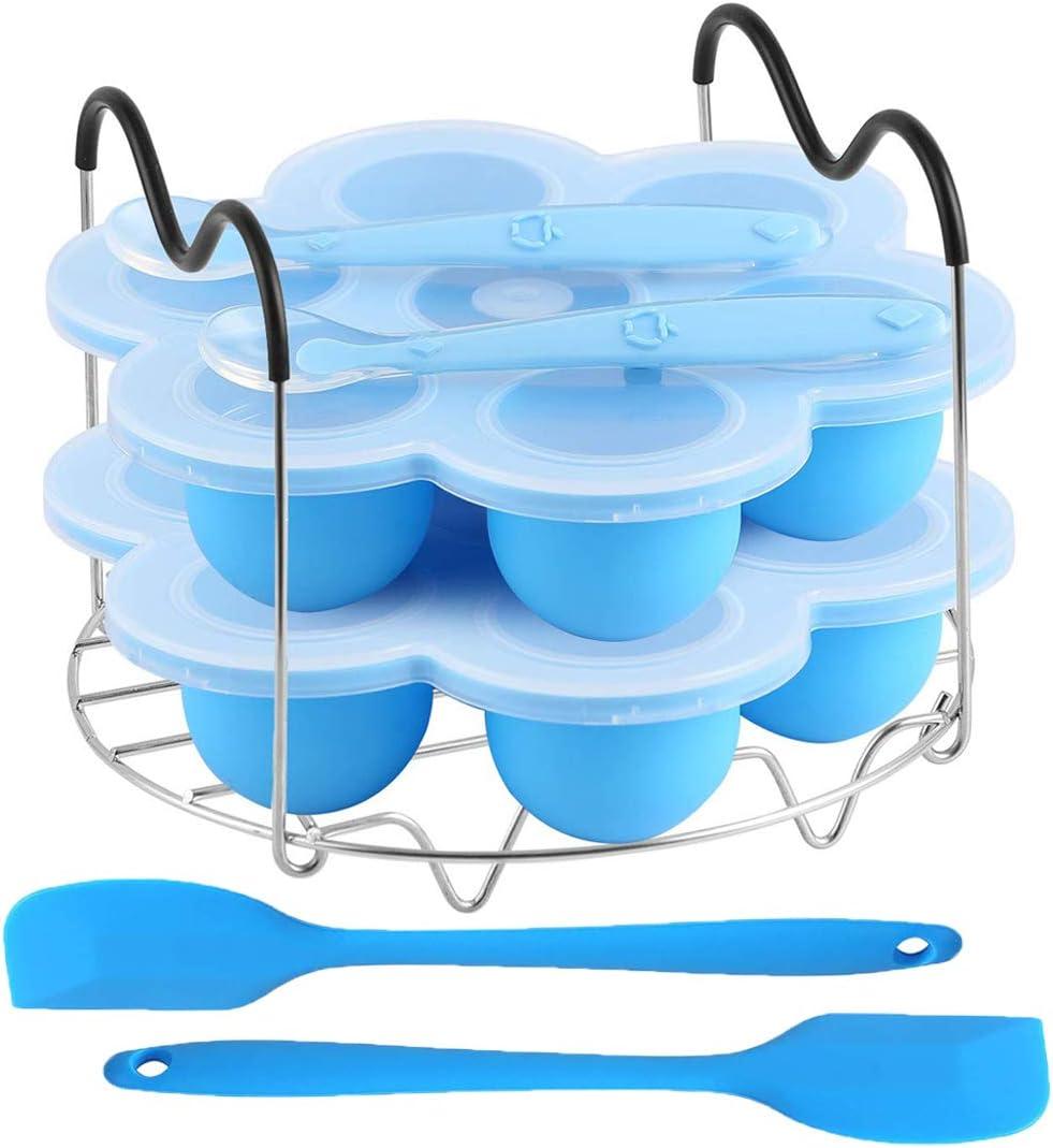 ROTTAY Silicone Egg Bites Molds and Steamer Rack Trivet with Heat Resistant Handles Fit Instant Pot Accessories, 7pcs set for 6qt 8qt Electric Pressure Cooker With 2 Spoons and Silicone Spatula, Blue 