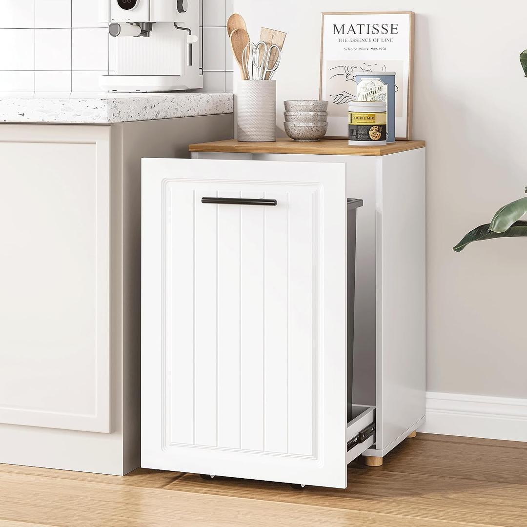 ZIFTY Pull Out Trash Can Cabinet for 10 Gallon Bin, Pet Proof Hidden Kitchen Waste Bin, Freestanding Wooden Garbage & Recycling Cabinet for Kitchen, Laundry Room, Living Room, White
