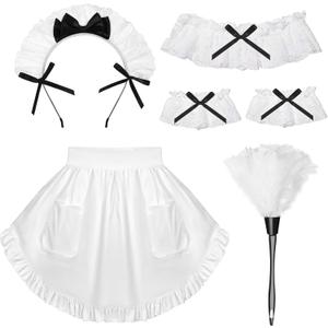 5 Pcs French Maid Accessories Kit Cleaning Lady Costume Set Lace Headband Maid Apron White Feather Duster Ruffled Choker Bracelet for Halloween Adult Cosplay Party Dress Up