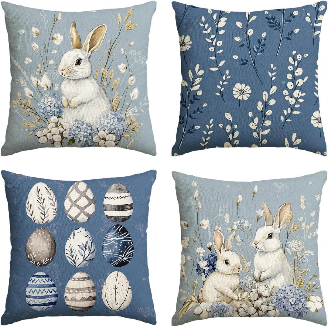 AVOIN colorlife Easter Rabbit Easter Eggs Hydrangea Blue Throw Pillow Covers, 18 x 18 Inch Eucalyptus Leaves Cotton Cushion Case Decoration for Sofa Couch Set of 4