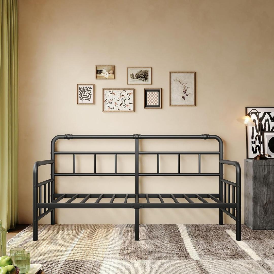 14 Inch Daybed-Frame, Twin-Daybed with Classic-Headboard - Heavy Duty Steel Slats,Metal Sofa Bed Frame for Living Room Bedroom Guest Room, Easy Assembly(Black), Minimalist