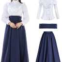 CR ROLECOS Victorian Dress for Women 2-Piece 1800s Civil War Edwardian Dresses Ruffled Renaissance Costume Ball Gown (White, M)