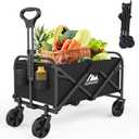 Foldable Utility Wagons Folding Cart on Wheels, Lightweight Portable Folding Utility with 200 lbs Capacity with Side Pockets for Grocery Shopping Cart for Grocery Sports Garden Camping (Rubber Wheel Black)