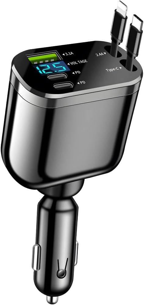 Retractable Car Charger, 4 in 1 Super Fast Vehicle Phone Charger Adapter, Auto Cellphone Charging Accessories with Dual Type C Cables & 2 USB Ports, Universal for SUV, Sedan, Truck