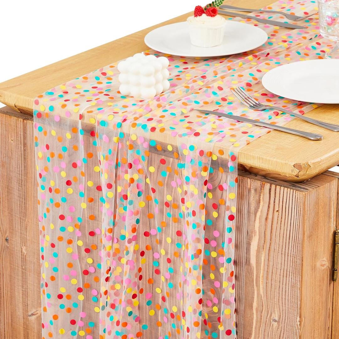 2 Pack Colorful Polka Dot Table Runner 29x120 Inch Confetti Dots Birthday Party Decorations Summer Lace Tulle Table Decor Dining Room Kitchen Holiday Wedding Baby Shower Home Veil Decor