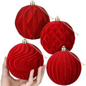 4 Pcs 4 Inch Red Large Velvet Christmas Ball Ornaments Vintage Christmas Plastic Ball Ornaments Flocked Tree Hanging Decoration for Xmas Party Wedding Home Decor
