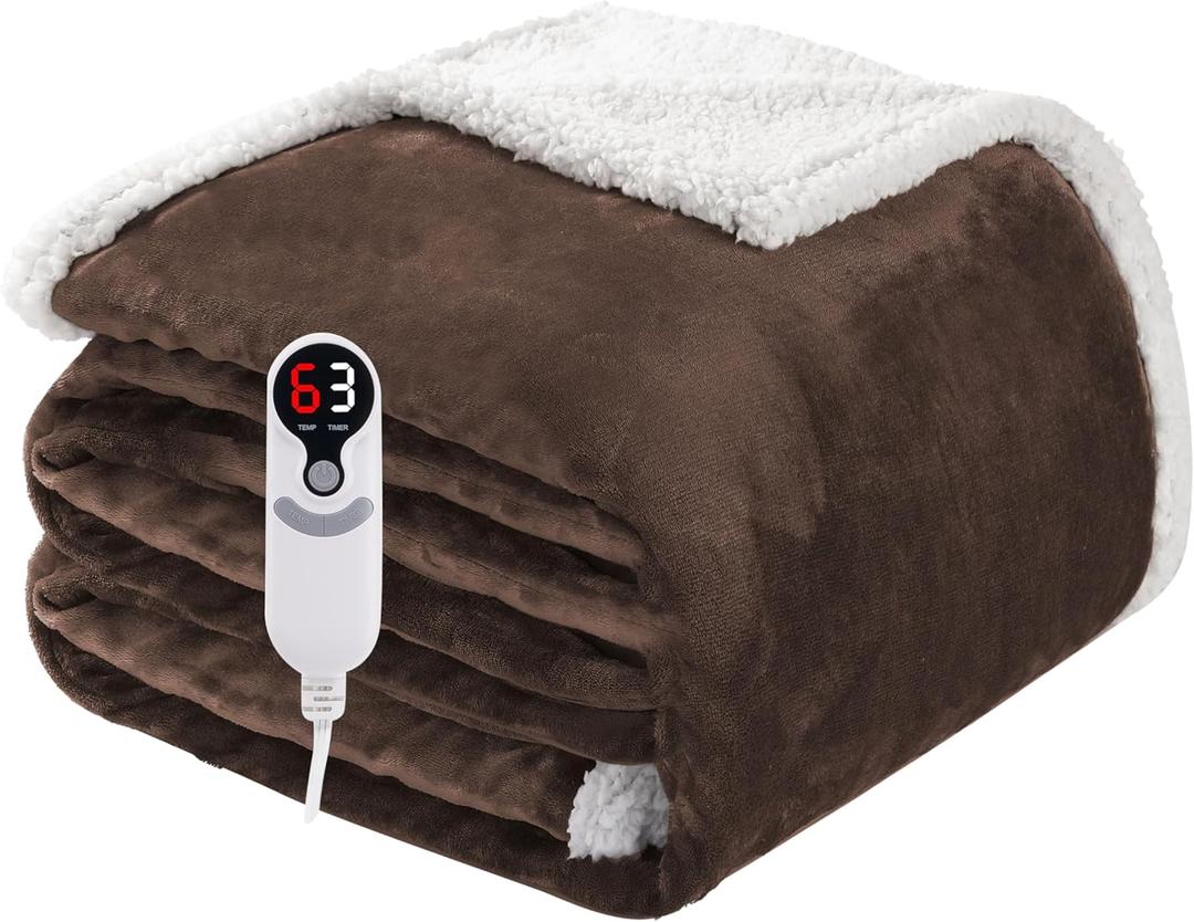 Electric Heated Blanket Full Size 72"x84", Soft Flannel with Overheat Protection, 9 Adjustable Heat Settings & 10-Hour Auto-Off Timer, Fast Heating for Winter Comfort, Dark Brown