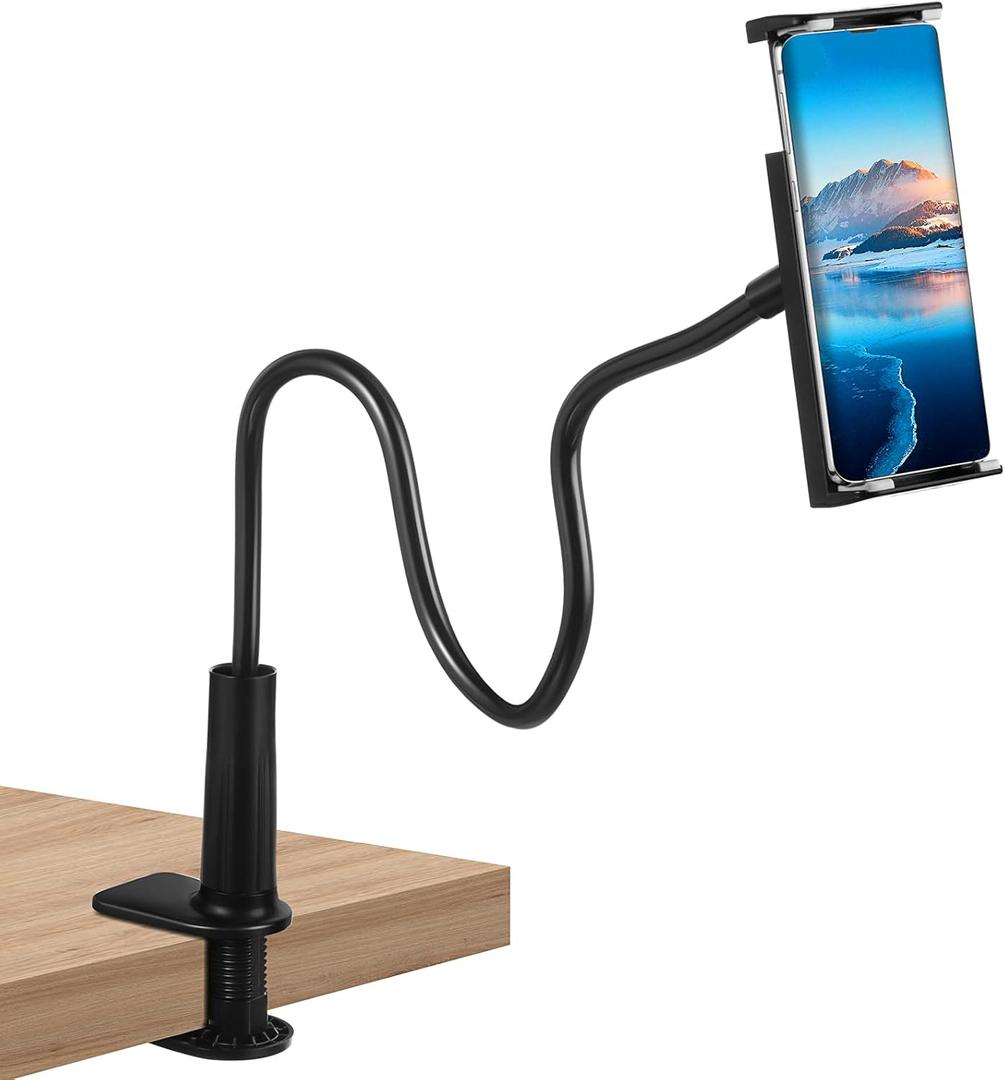 Kanayu Phone Stand for Desk, Gooseneck Cell Phone Holder Flexible Lazy Long Arm Phone Mount Universal 360 Degree Adjustable Phone Clamp Clip for Table, Bedside Accessories (Black,Flat)